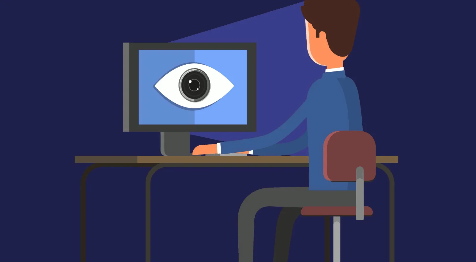 Illustration: a person sitting at a computer while a large eye watches from the screen