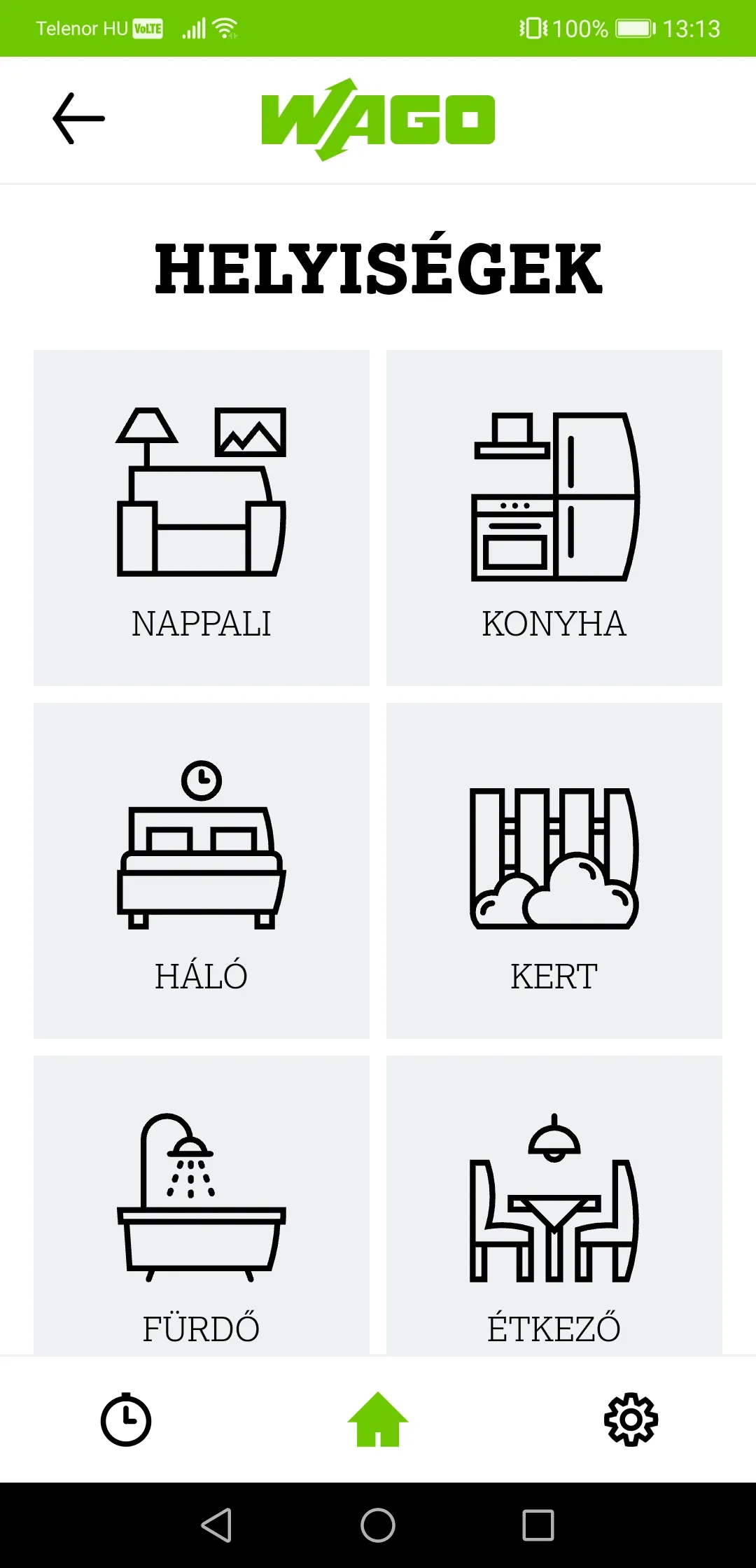 A WAGO EasyLife app helyiségválasztó képernyője